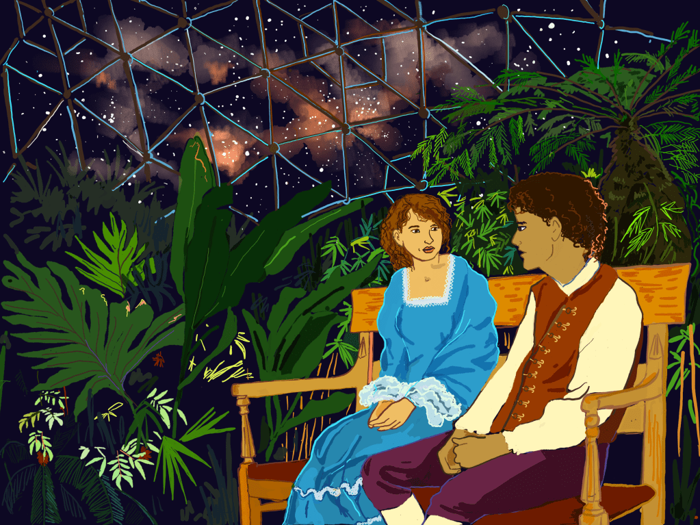 The Marquise and Alain sit on a bench by the bamboo.